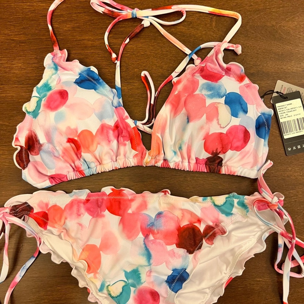 Bikini Set Polka Dot Ruffle Trim Triangle Top Tie Side Bottoms 2XL - Picture 3 of 7